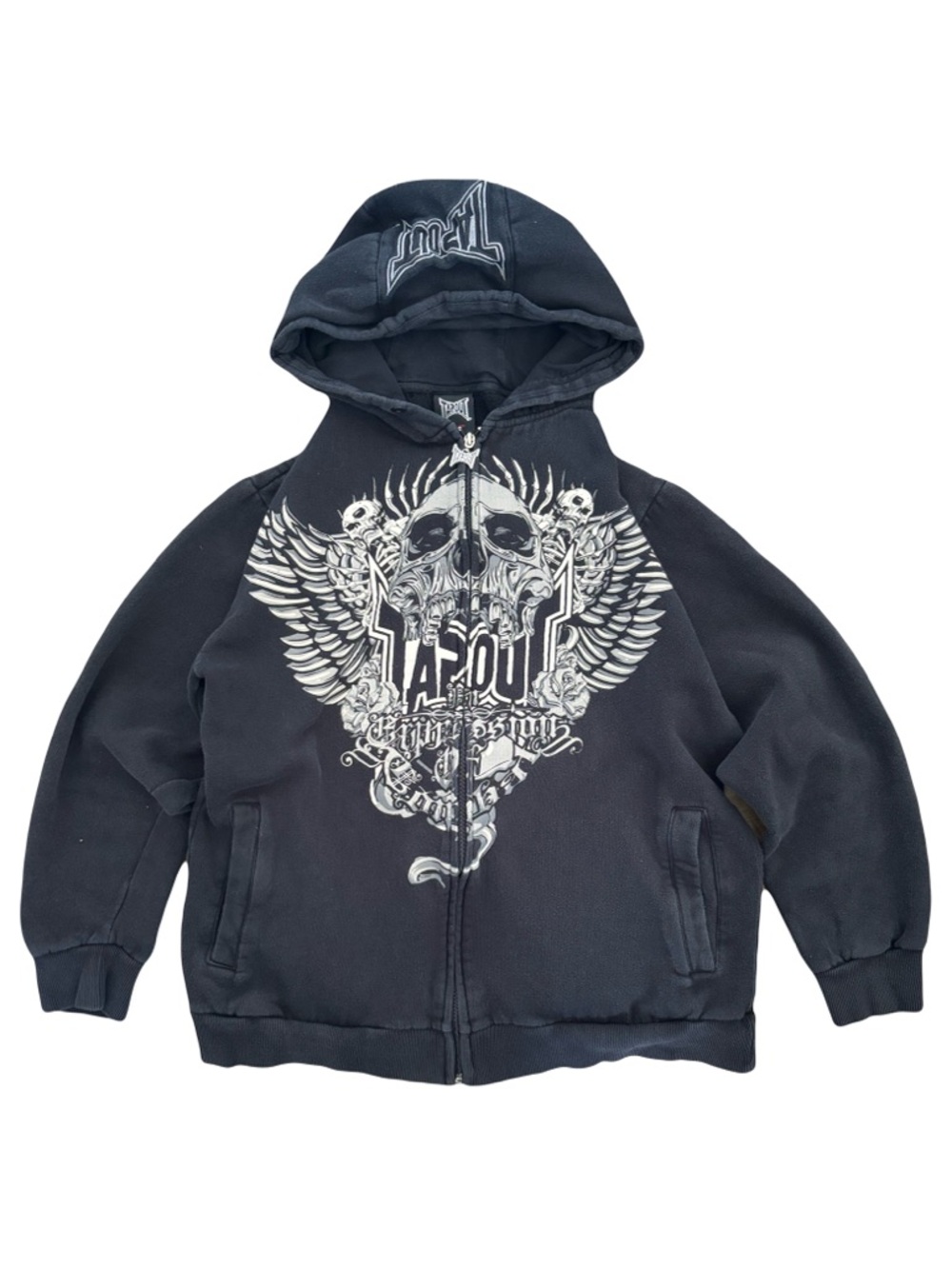 Y2K Tapout Black Zip-Up Hoodie with White Skull & Wings Graphic